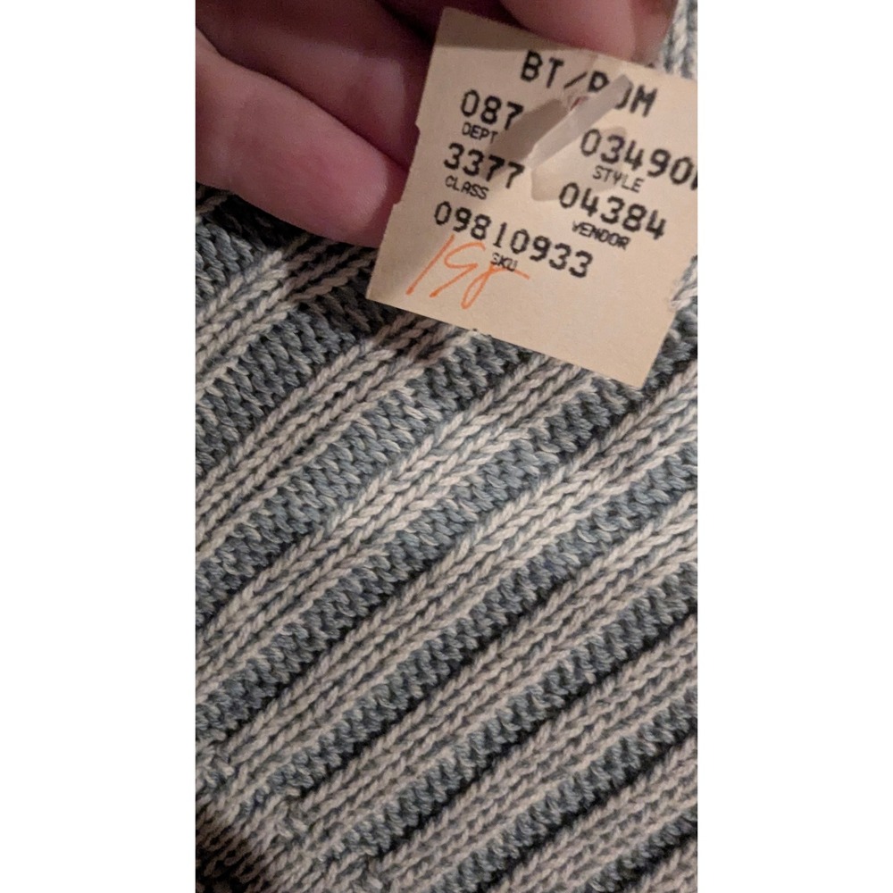 Vintage 80s Deadstock Sweater LG Blue Geometric Ribbed Knit Cotton Made in USA - Picture 6 of 8